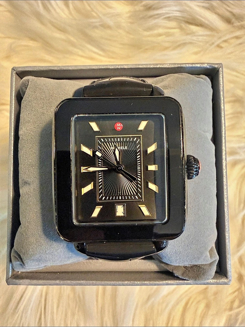 Michele Black Deco Watch with Black Alligator Plastic Strap